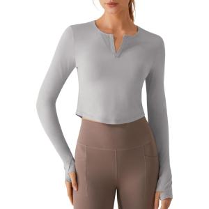 imageG4Free Lightbreeze Women UPF 50 Sun Shirts Thumbholes Long Sleeve Crop Workout Tops V Neck TShirts CasualSilver Gray