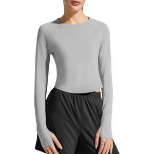 imageG4Free Lightbreeze Womens UPF 50 Long Sleeve Rash Guard Quick Dry Crop Workout Tops Thumbholes Sun Shirts Running AthleticGrey