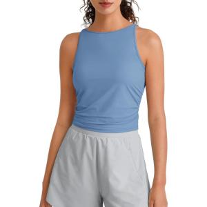 imageG4Free Skimetic Workout Tank Tops for Women Side Ruched Sleeveless High Neck Crop Top Summer Athletic Gym ShirtsDusty Blue