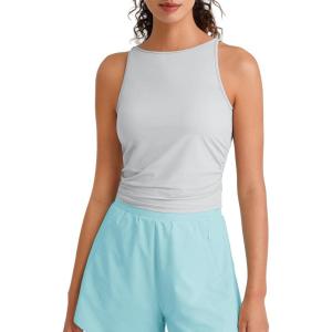 imageG4Free Skimetic Workout Tank Tops for Women Side Ruched Sleeveless High Neck Crop Top Summer Athletic Gym ShirtsSilver Gray