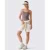 imageG4Free BareFeel Built in Bra Camisole Tops Yoga Workout Removable Padded Cami Spaghetti Strap Pilates Tank TopTaupe