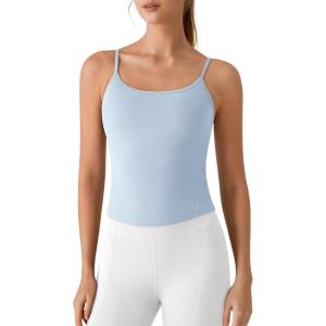 imageG4Free BareFeel Built in Bra Camisole Tops Yoga Workout Removable Padded Cami Spaghetti Strap Pilates Tank TopLight Denim