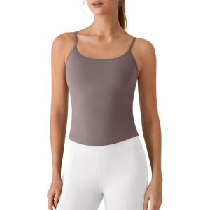 imageG4Free BareFeel Built in Bra Camisole Tops Yoga Workout Removable Padded Cami Spaghetti Strap Pilates Tank TopTaupe