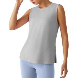 imageG4Free Lyocell Workout Running Tank Tops High Neck Athletic Tanks Loose Fit Hip Length Yoga Tennis TopLight Gray