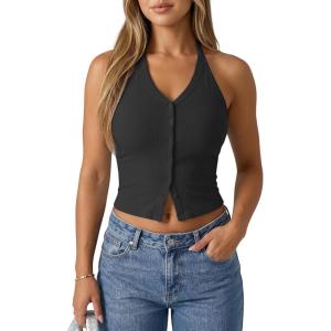 imageG4Free Ribbed Halter Crop Tank Tops Backless Going Out Camisoles Open Back Y2K Slim Fit Cropped Cami TopBlack