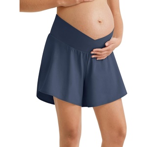 image:imageG4Free Chillwhisp Built in Brief Maternity Athletic Shorts with Inner Pockets Cross Waist Pregnancy ShortsDark Navy