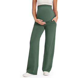 image:imageG4Free EverGoing Maternity Pants Over the Belly Yoga Dress Work Stretchy Lounge Pregnancy Wide Leg Trousers with PocketsDark Forest Green