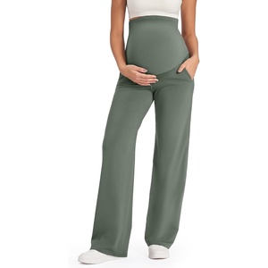 image:imageG4Free EverGoing Maternity Pants Over the Belly Yoga Dress Work Stretchy Lounge Pregnancy Wide Leg Trousers with PocketsGray Sage