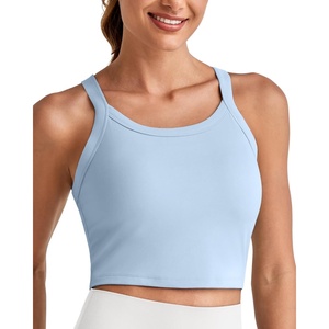 image:imageG4Free Barefeel Cropped Workout Tops for Women Built in Bra Removable Padded Longline Sports Bras Racerback Yoga TopsLight Denim