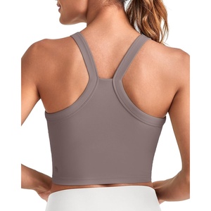 image:imageG4Free Barefeel Cropped Workout Tops for Women Built in Bra Removable Padded Longline Sports Bras Racerback Yoga TopsTaupe