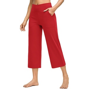 image:imageG4Free Capri Pants for Women Wide Leg Yoga Dress Capris with Pockets Cross Loose Casual Work Crop PantsRed