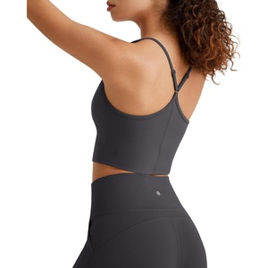 image:imageG4Free BareFeel Womens Sports Bra Padded Square Neck Adjustable Spaghetti Straps Y Back Gym Casual YogaDark Gray