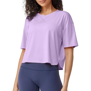 image:imageG4Free Short Sleeve Crop Workout Tops for Women Loose Fit Cotton Basic TShirtsLight Purple