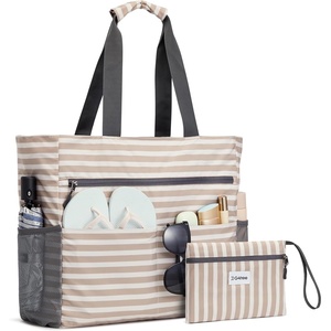 image:imageG4Free Beach Bag Waterproof Sandproof Beach Tote Bag Large Capacity Foldable for WomenBrown Stripe