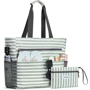 image:imageG4Free Beach Bag Waterproof Sandproof Beach Tote Bag Large Capacity Foldable for WomenGreen Stripe