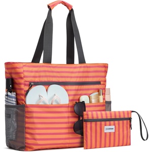 image:imageG4Free Beach Bag Waterproof Sandproof Beach Tote Bag Large Capacity Foldable for WomenOrange Stripe