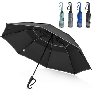 image:imageG4Free 46inch Ring Buckle Umbrella Inverted Design with Carabiner Handle Compact Travel Umbrella with Reflective Strip Automatic Windproof for RainBlack