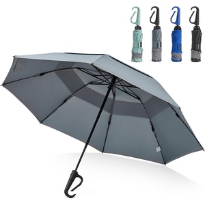 image:imageG4Free 46inch Ring Buckle Umbrella Inverted Design with Carabiner Handle Compact Travel Umbrella with Reflective Strip Automatic Windproof for RainGrey