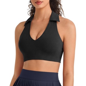 image:imageG4Free BareFeel Polo Collared Padded Sports Bra for Women V Neck Racerback Tennis Golf Tank TopsBlack