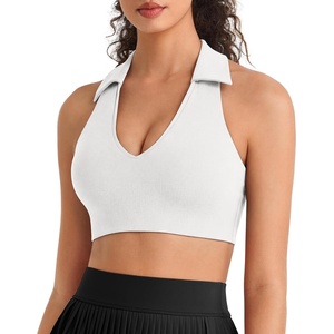 image:imageG4Free BareFeel Polo Collared Padded Sports Bra for Women V Neck Racerback Tennis Golf Tank TopsPure White