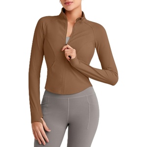 image:imageG4Free Workout Jackets for Woman BareFeel Cropped Zip Up Athletic Running Jacket Slim Fit Yoga Tops with Thumb HolesDark Coffee