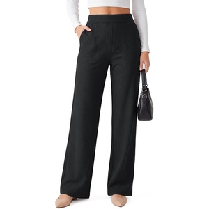 image:imageG4Free Waffle Wide Leg Dress Pants for Women  Pull On Work Pants High Waisted Stretchy TrousersBlack