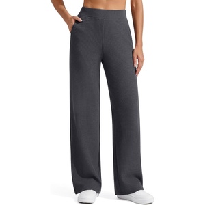image:imageG4Free Womens Pants Waffle Knit High Waist Wide Leg with Pockets Casual  Wrinkle ResistantStretch Breathable2 Side Pockets4way StretchDark Gray