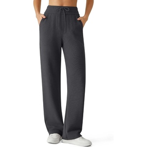 image:imageG4Free Womens Waffle Knit Wide Leg Sweatpants  High Waisted with Pockets Casual Straight Leg PantsDark Gray