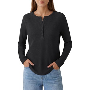 image:imageG4Free Womens Breathable Waffle Knit Tops Long Sleeve Henley Neck T Shirts  Soft and Breathable Wrinkle Free Curved Hem Hip Length Loose Fit for Daily Wear or Business CasualBlack