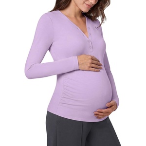 image:imageG4Free Lyocell Maternity Shirts Long Sleeve Button Front Henley Neck Ruched  Airy Soft Fabric Breathable and Quick Drying Curved Hem Pregnancy T Shirts Desighed for Casual or BreastfeedingLight Purple